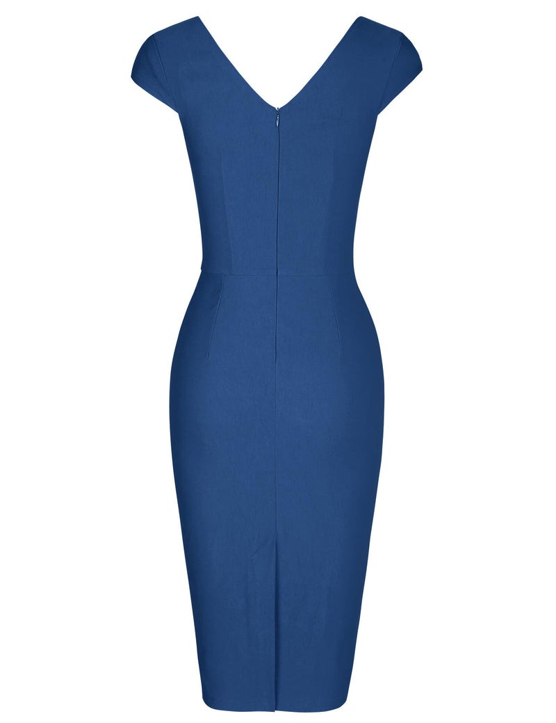 MUXXN Ladies 50s Wrap V-Neck Tunic Slim Casual Fall Bridesmaid Midi Dress with Sleeve (Navy Blue XL) - Image 2